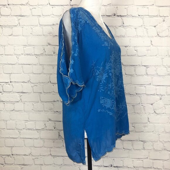 Johnny Was Embroidered Cold Shoulder Blouse Size S Blue Cupra Rayon - Picture 2 of 7